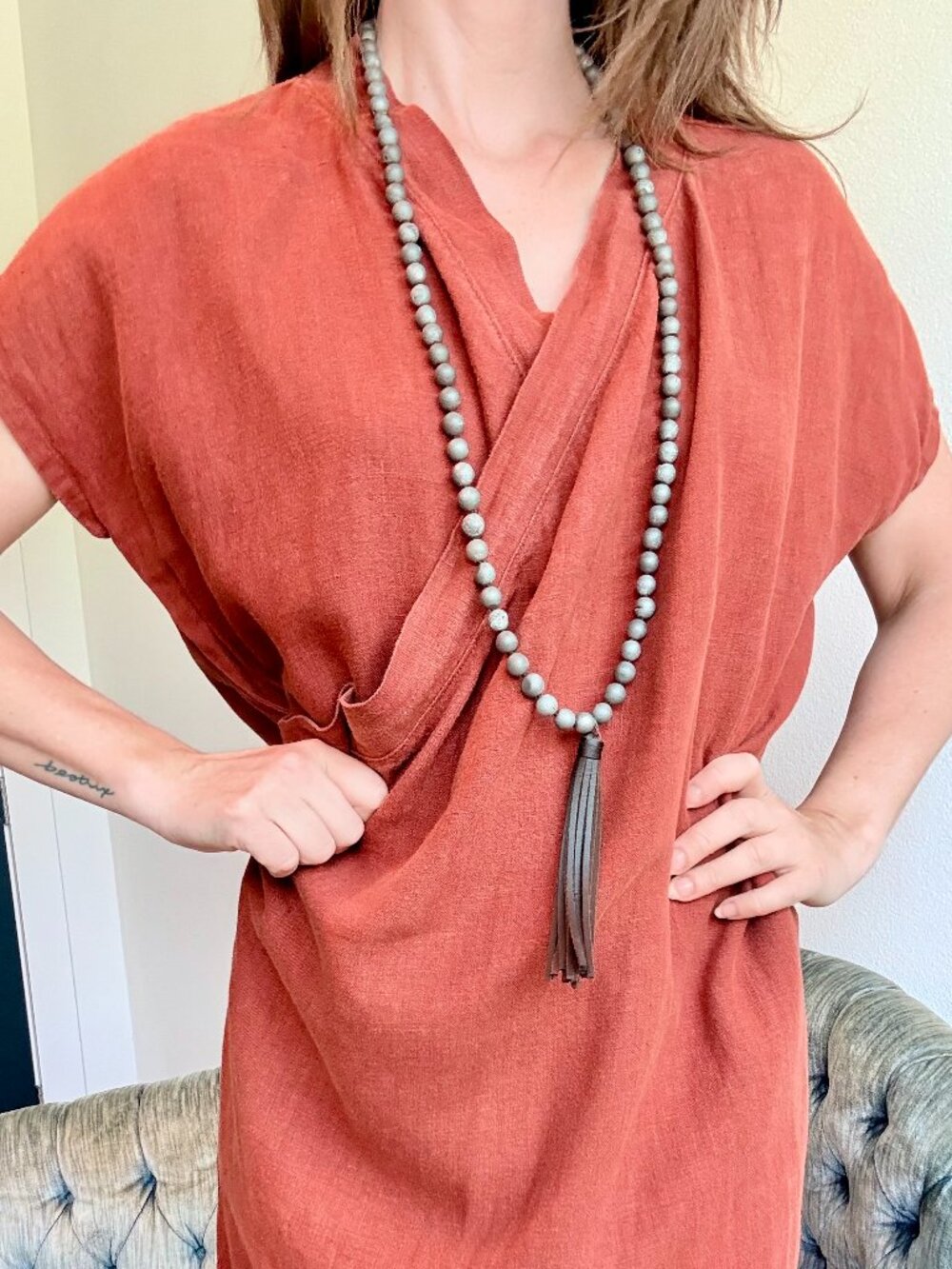 Long Mala Necklace Gray Silver Druzy Brown Leather Tassel Boho